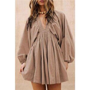 Smocked V-Neck Balloon Sleeve Dress